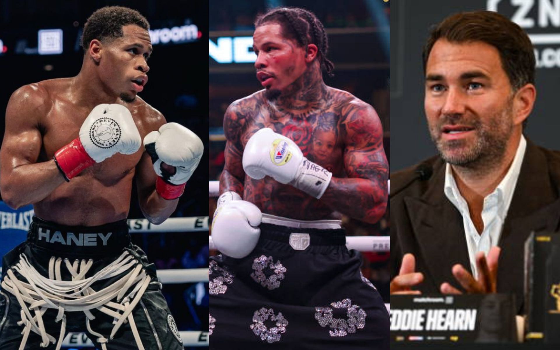 Offers for Devin Haney (left) against Gervonta Davis (middle) have been made, says Eddie Hearn (right) [Images Courtesty: @GettyImages and @realdevinhaney on Instagram]