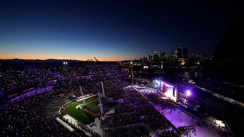 A beautifully lit T-Mobile Park on a concert night