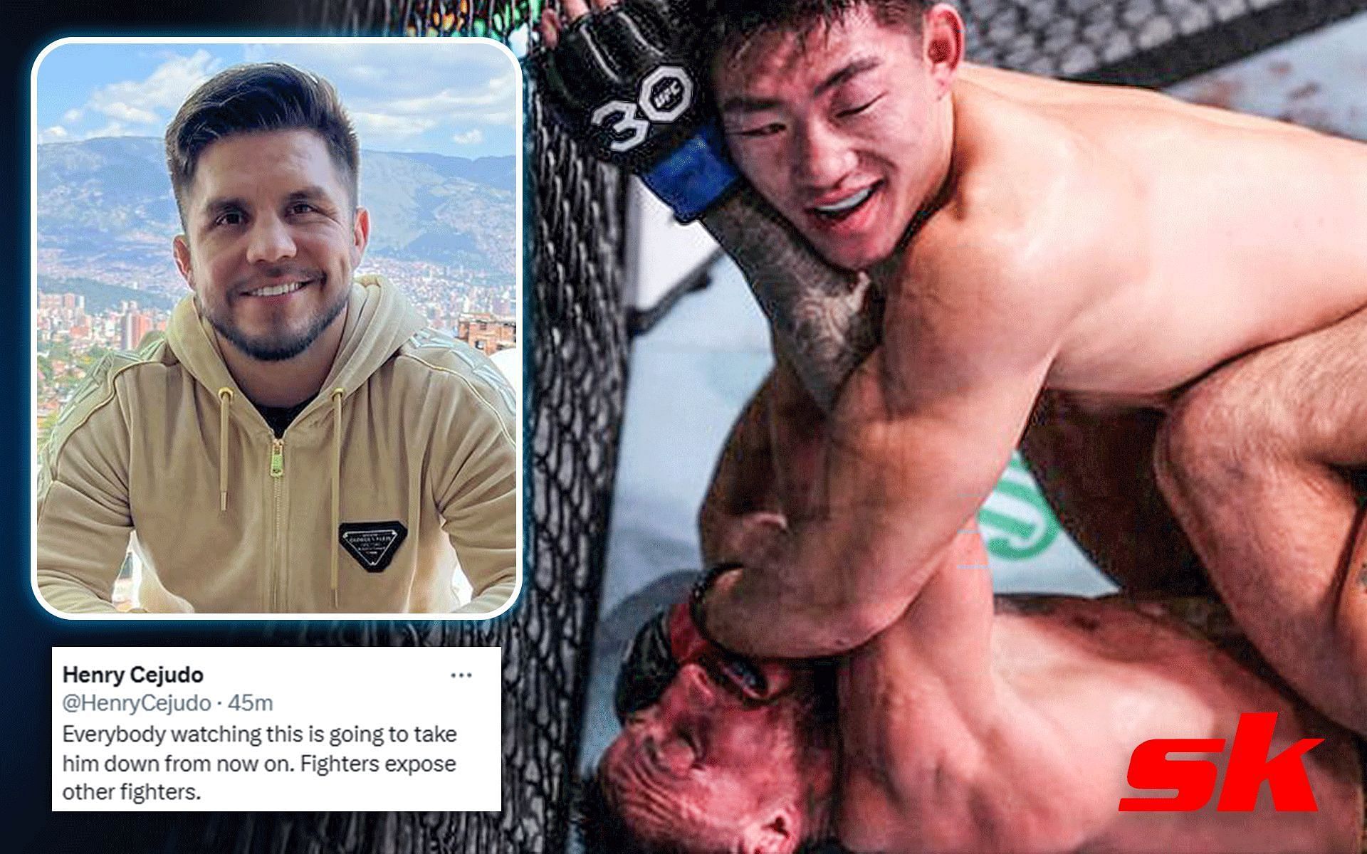 Henry Cejduo (left) commends Song Yedong (right top) for impressive win against Chris Gutierrez (right bottom) [Image courtesy @henry_cejudo on Instagram and @UFCEspanol on X