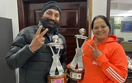 Arshdeep Singh's parents pose with his POTM and POTS trophies after IND vs SA ODI series