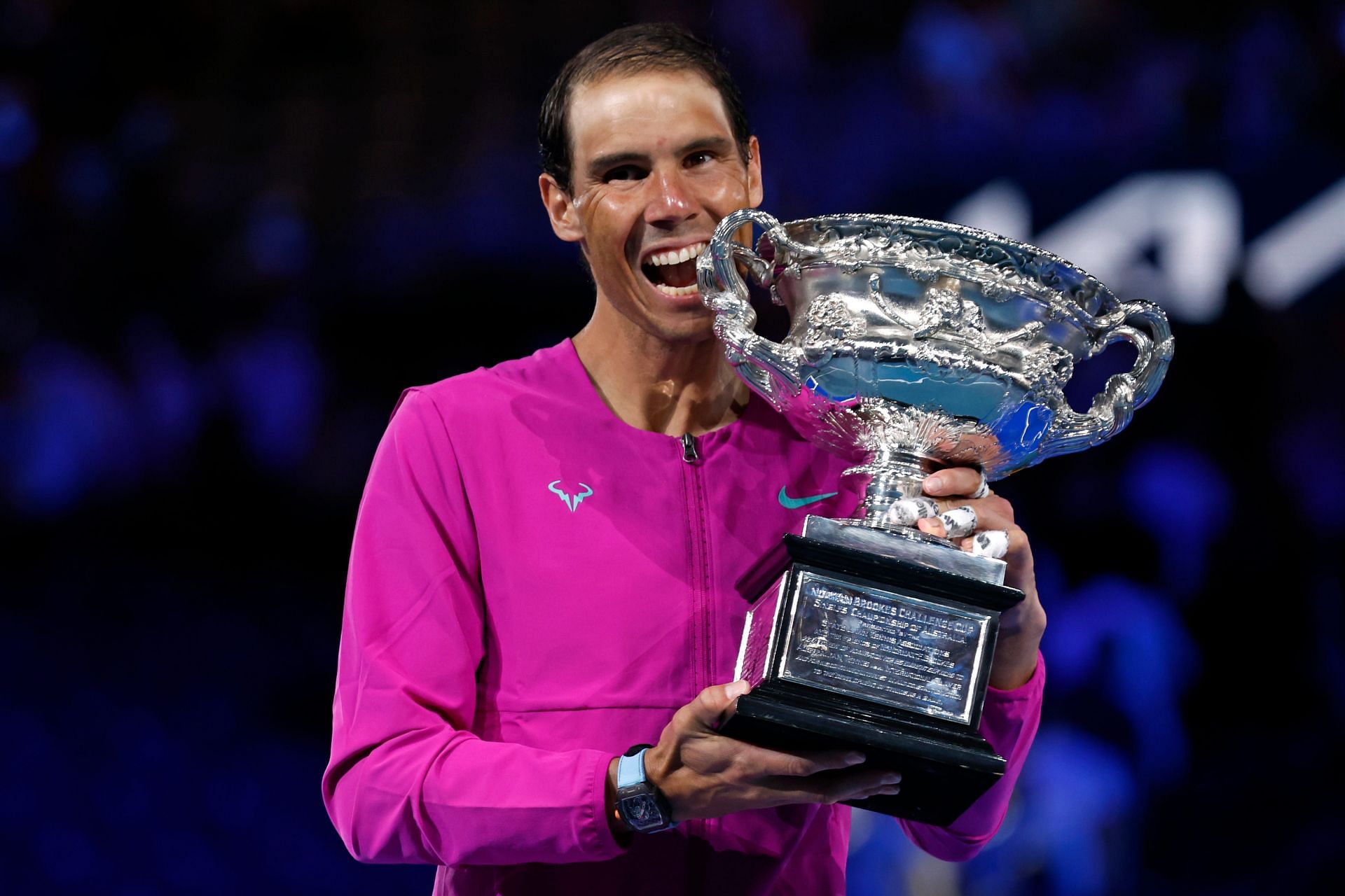 Rafael Nadal poses with the 2022 Australian Open trophy