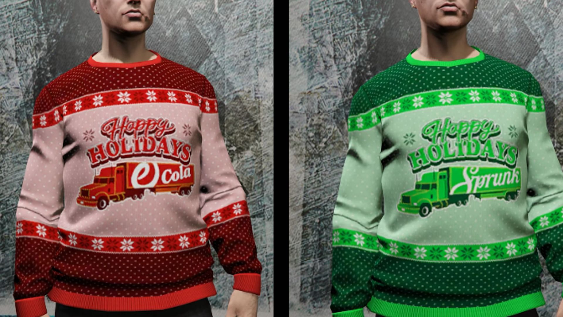 The eCola and Sprunk Festive Sweaters (Image via YouTube/ GTA Series Videos)