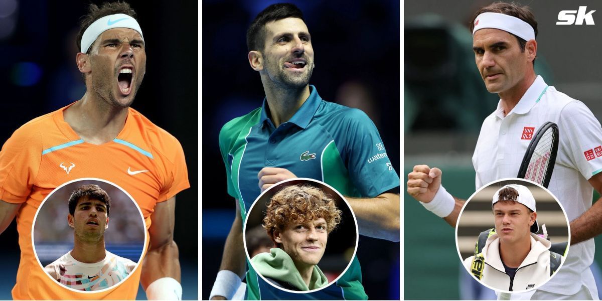 Rafael Nadal, Novak Djokovic, Roger Federer (L to R); Carlos Alcaraz, Jannik Sinner, Holger Rune (Inset L to R)
