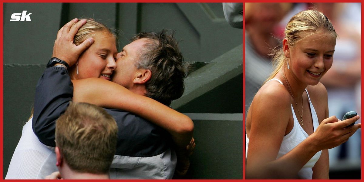 Maria Sharapova hugging her father and calling her mother after her win at the Wimbledon Championships in 2004.