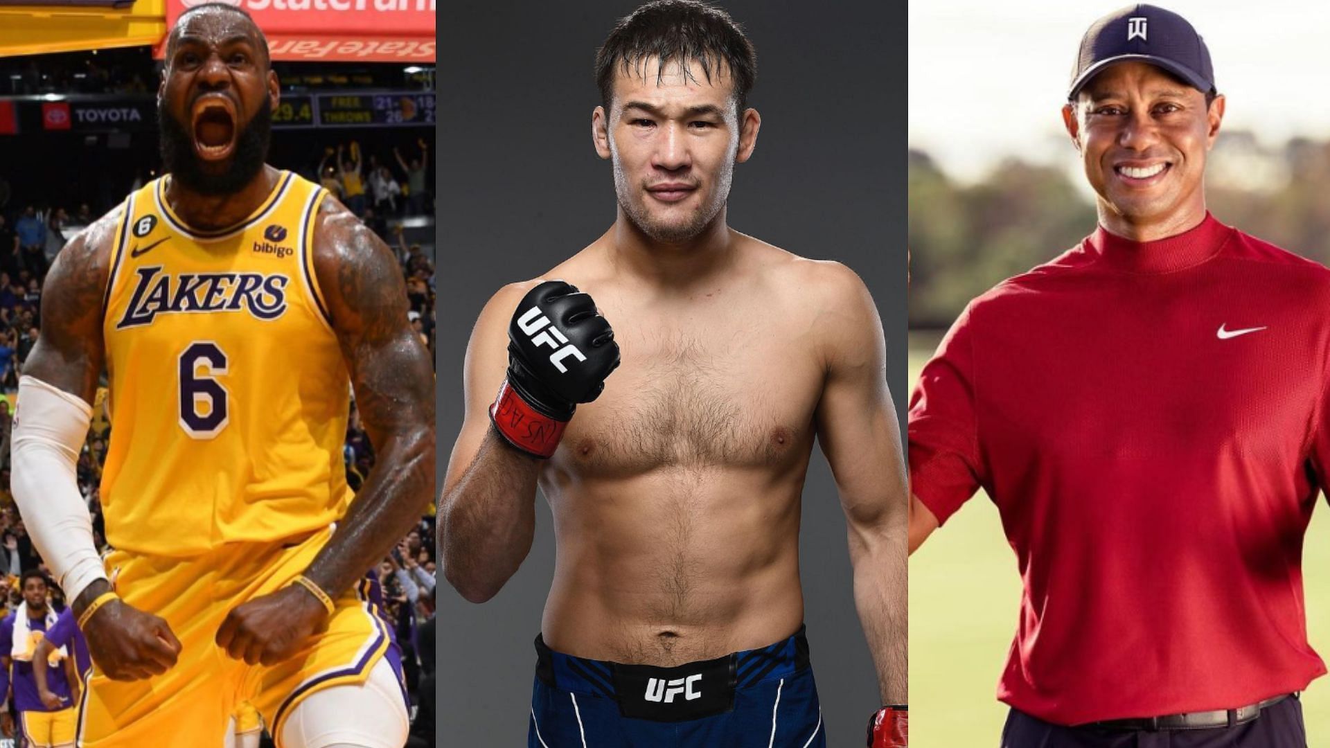 UFC legend believes Shavkat Rakhmonov (centre) has accomplished more than LeBron James (left) and Tiger Woods (right) [Images courtesy of @tigerwoods, @kingjames &amp; @shavkatrakhmonov94 on Insagram]