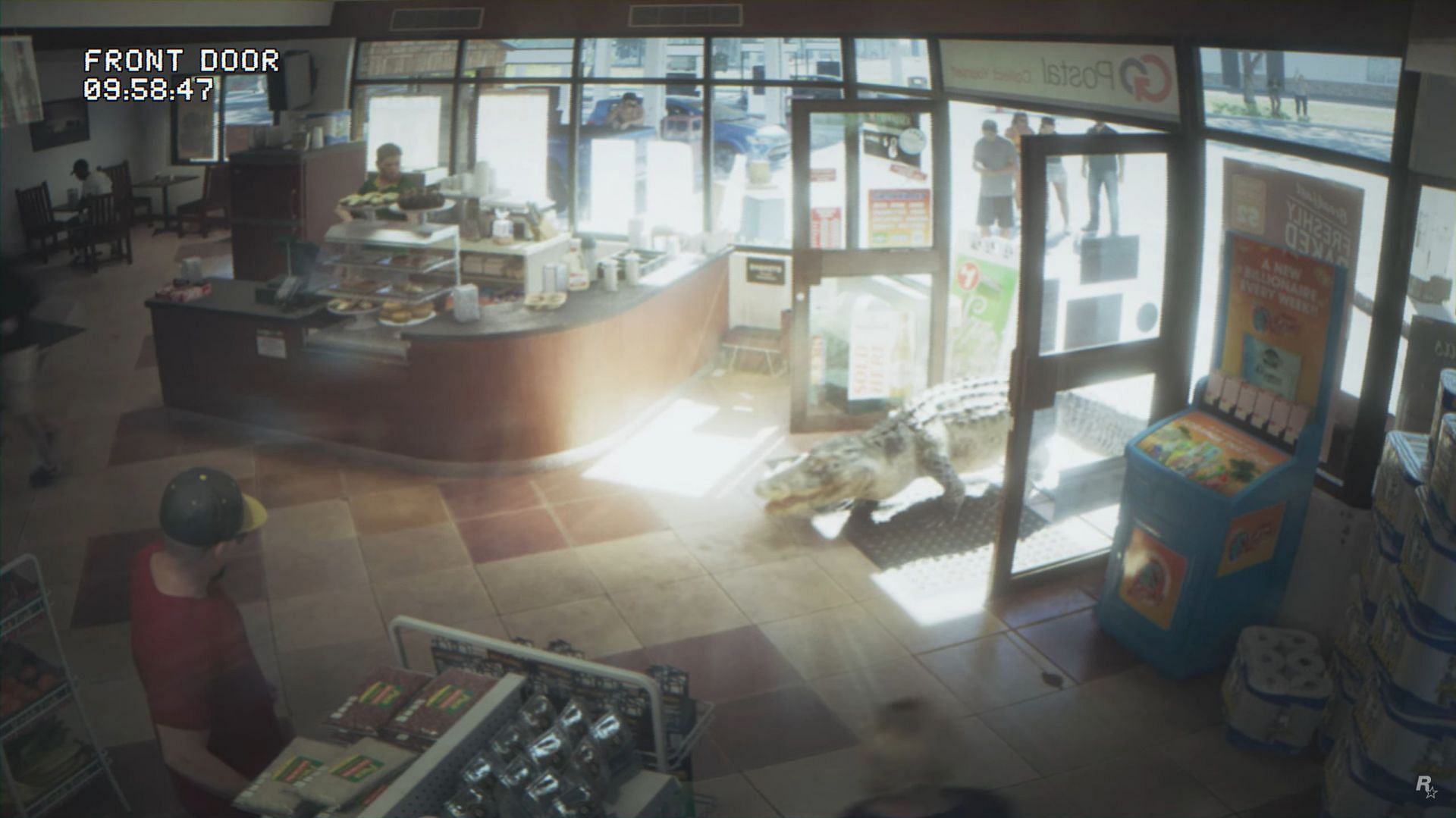 A crocodile was seen entering a store in the trailer (Image via Rockstar Games/YouTube)