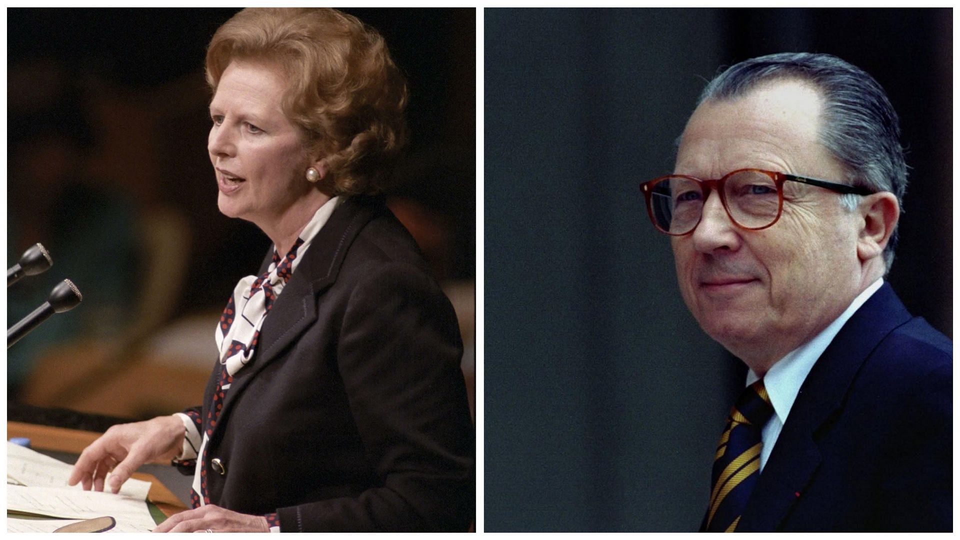 Margaret Thatcher (left) and Jacques Delors (right) frequently clashed over opposing political views (Image via @Damadeferroofic and @AJEnglish/X) 