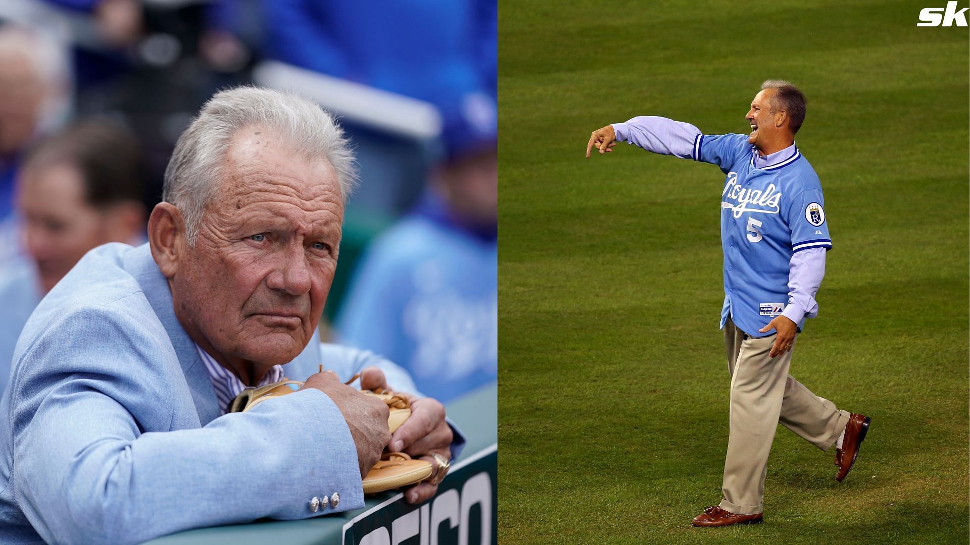Former Kansas City Royals third baseman and MLB Hall of Famer George Brett watches watches pre-game introduction prior to a game between the Cleveland Guardians and Kansas City Royals on Opening Day 2023
