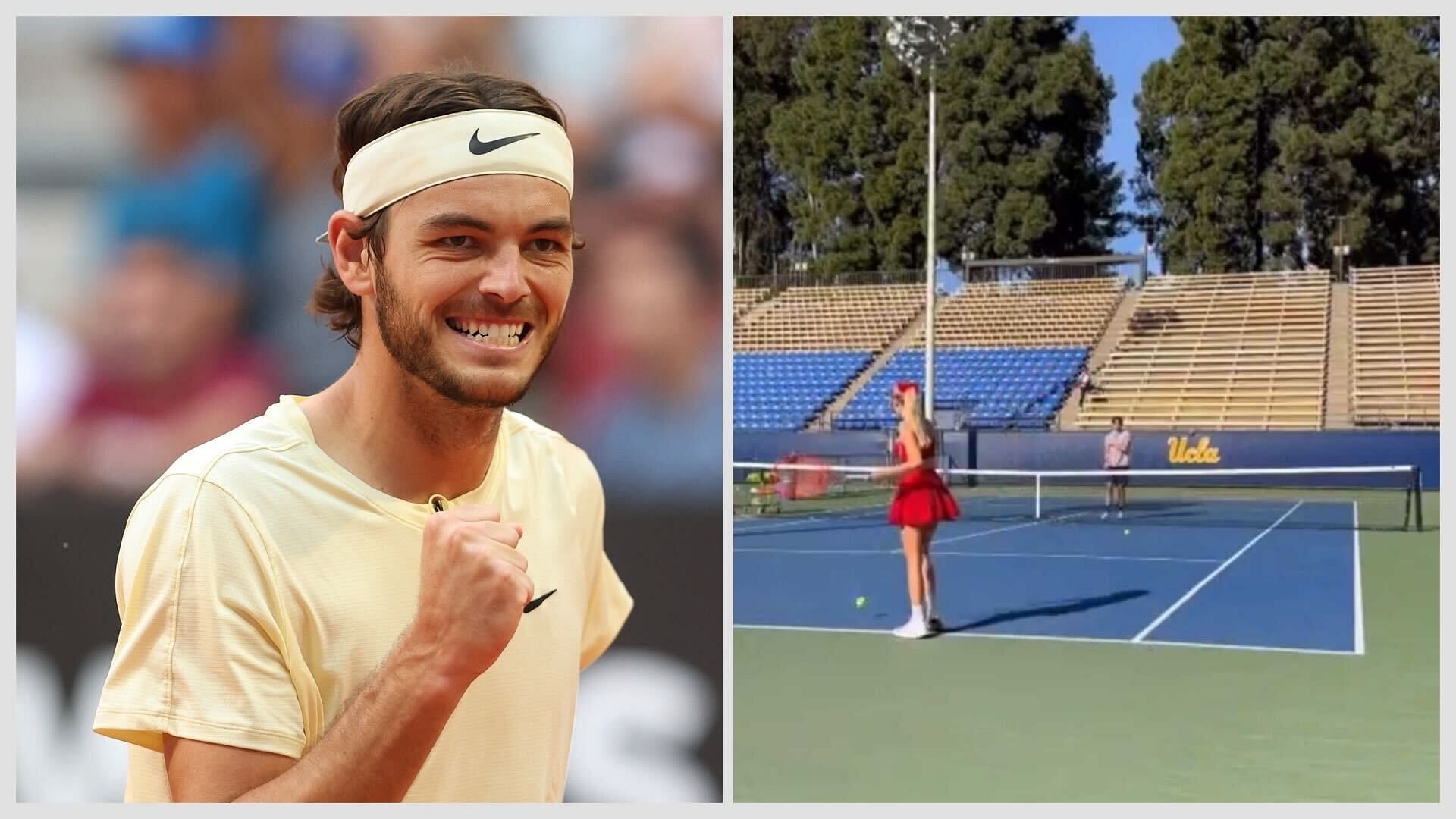 Taylor Fritz (L) and Fritz playing tennis with his girlfriend Morgan Riddle (R)