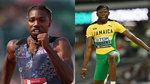 Noah Lyles congratulates Jaydon Hibbert on winning The Bowerman Award