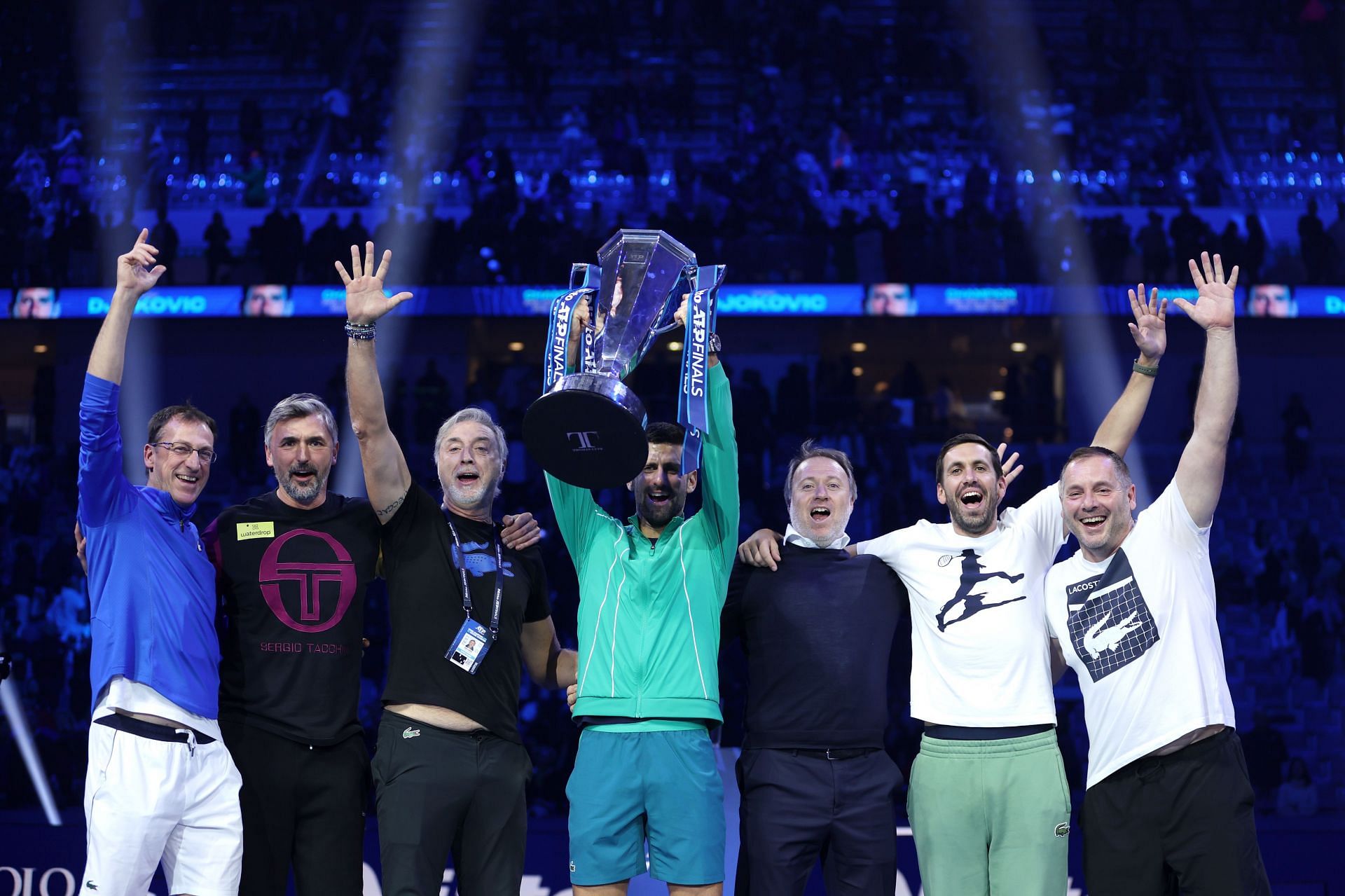 Novak Djokovic with Goran Ivanisevic and team at the 2023 Nitto ATP Finals