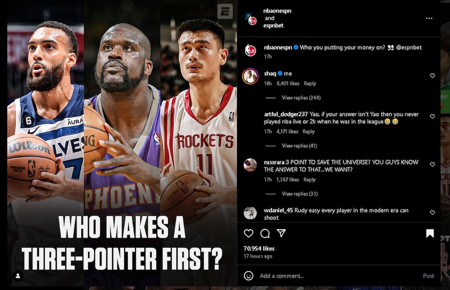 Shaquille O&#039;Neal says he&#039;ll make a 3-pointer first over Yao Ming and Rudy Gobert