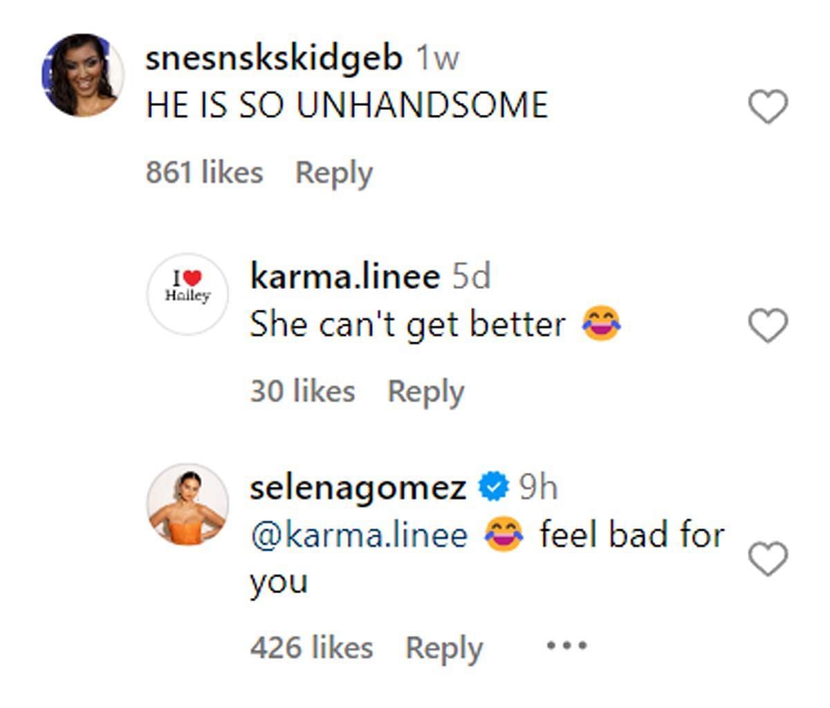 Selena reacting to the comments (Image via Instagram/ @snesnskskidgeb, @karma.linee, @selenagomez)