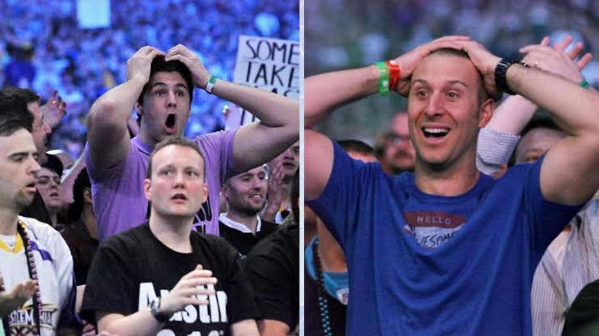 A side-by-side shot of fan reaction during a WWE event.