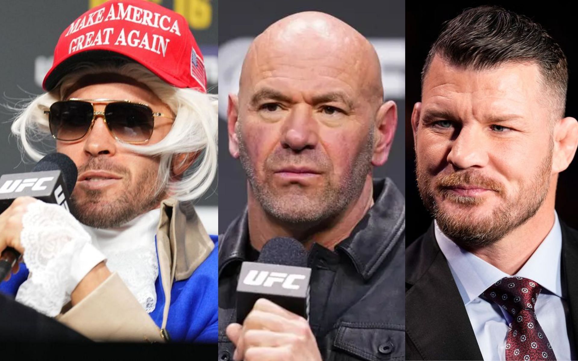 Colby Covington (left), Dana White (centre), and Michael Bisping (right). (via Getty Images)