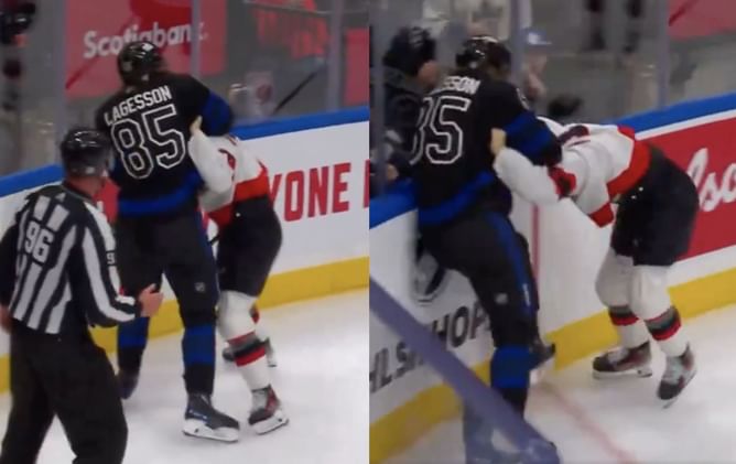 Watch: William Lagesson trades big punches with Ridly Greig in heated Battle of Ontario