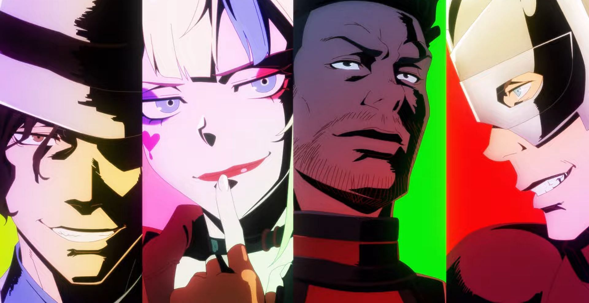 Clayface, Harley Quinn, Deadshot, and Peacemaker as seen in the Suicide Squad ISEKAI anime (Image via WIT Studio)