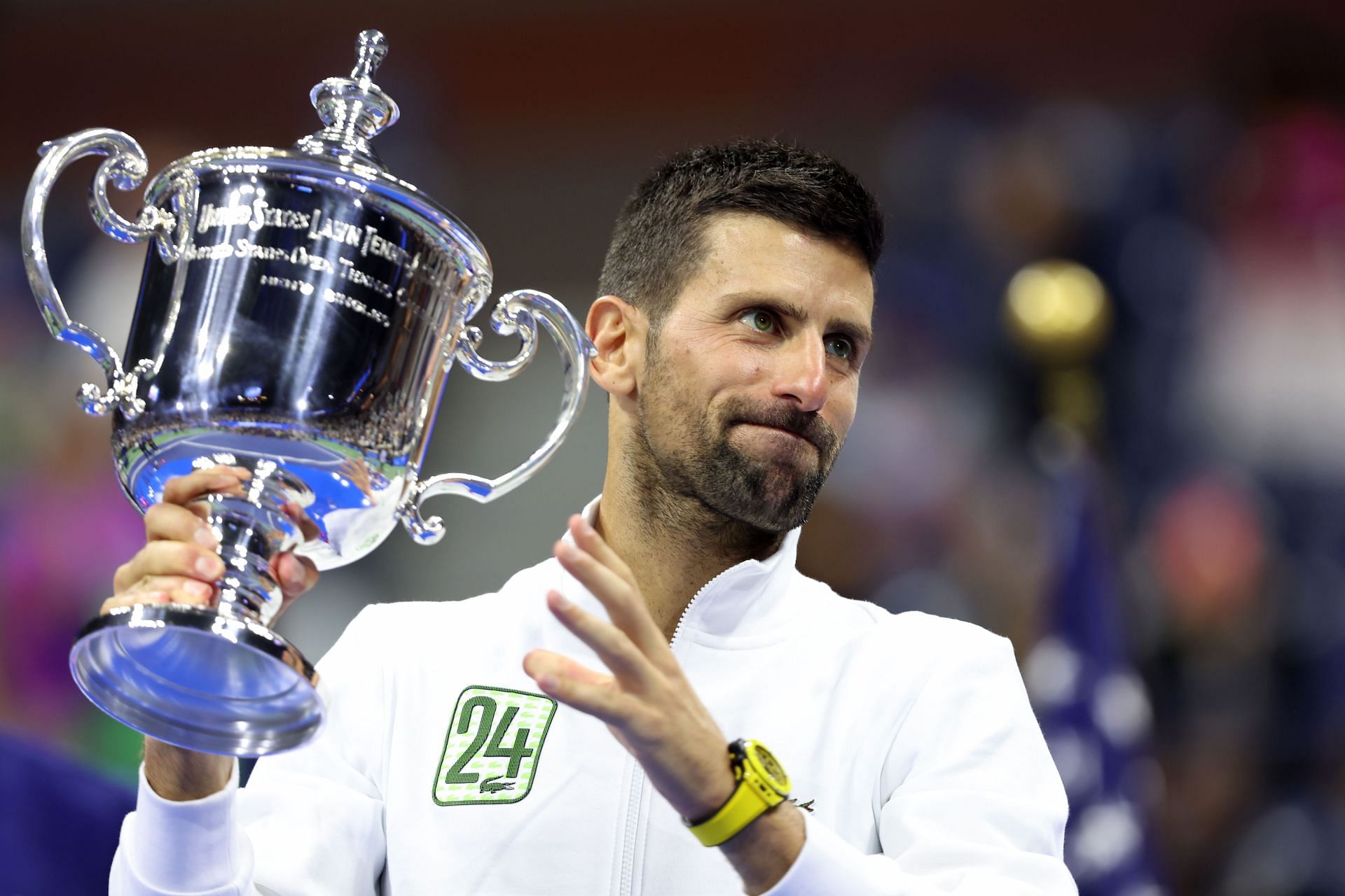 The Serb with his winners&#039; trophy at the 2023 US Open