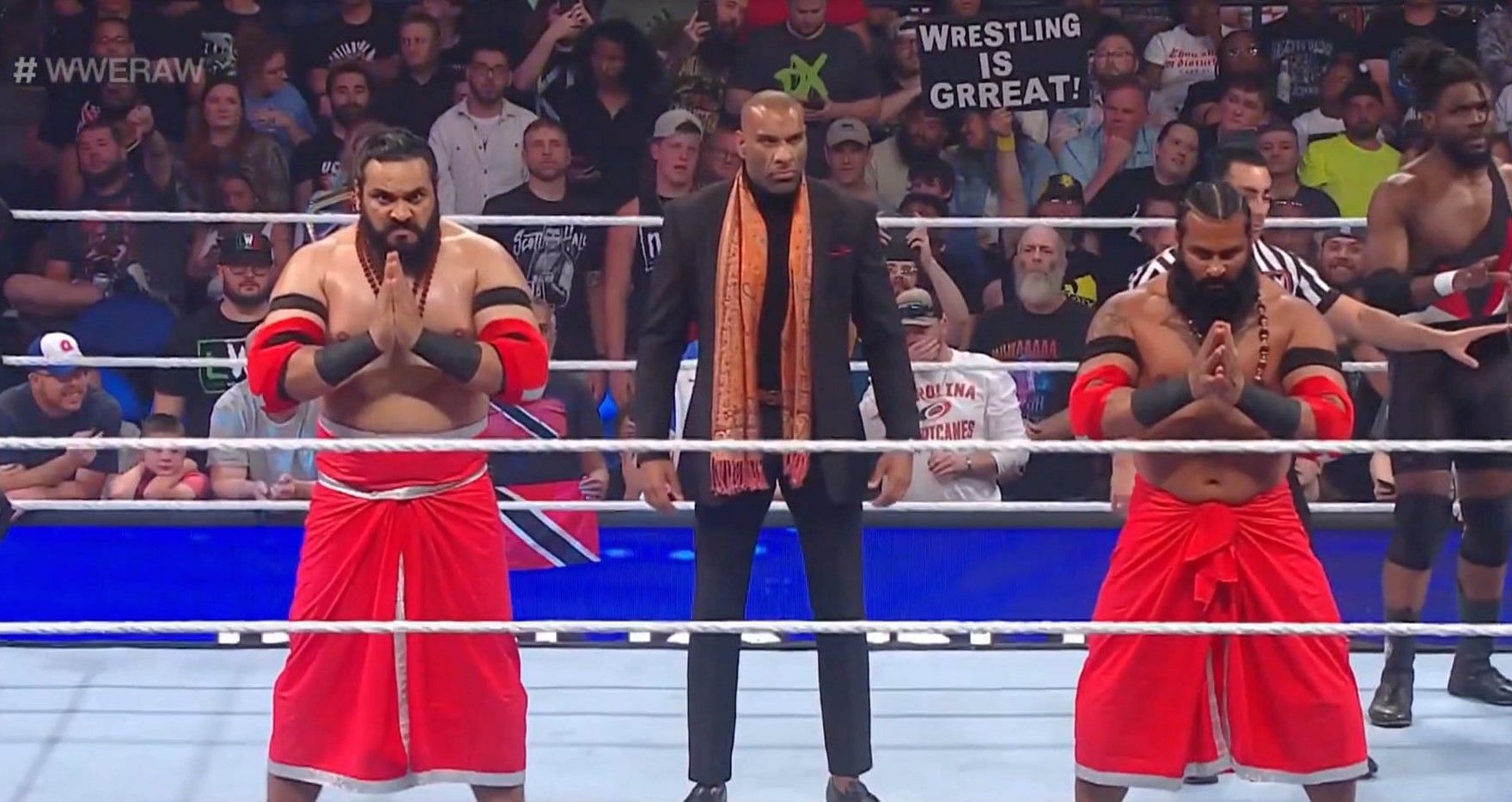Sanga (left), Jinder Mahal, and Veer returned to compete in the recent tag team turmoil match.