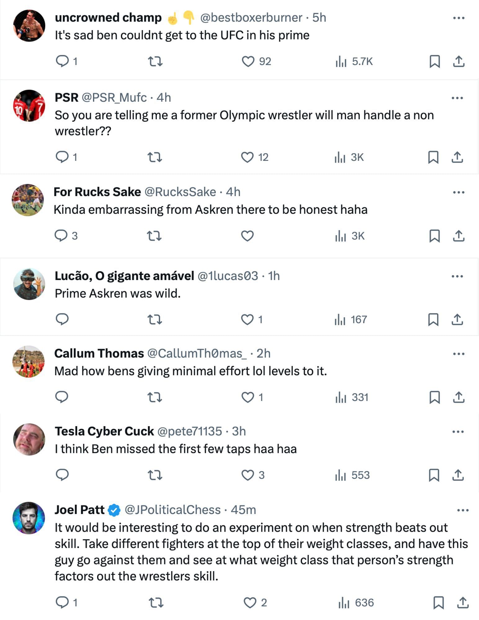 Fan reactions to Ben Askren wrestling a football player on X [via @bloodyelbow on X]