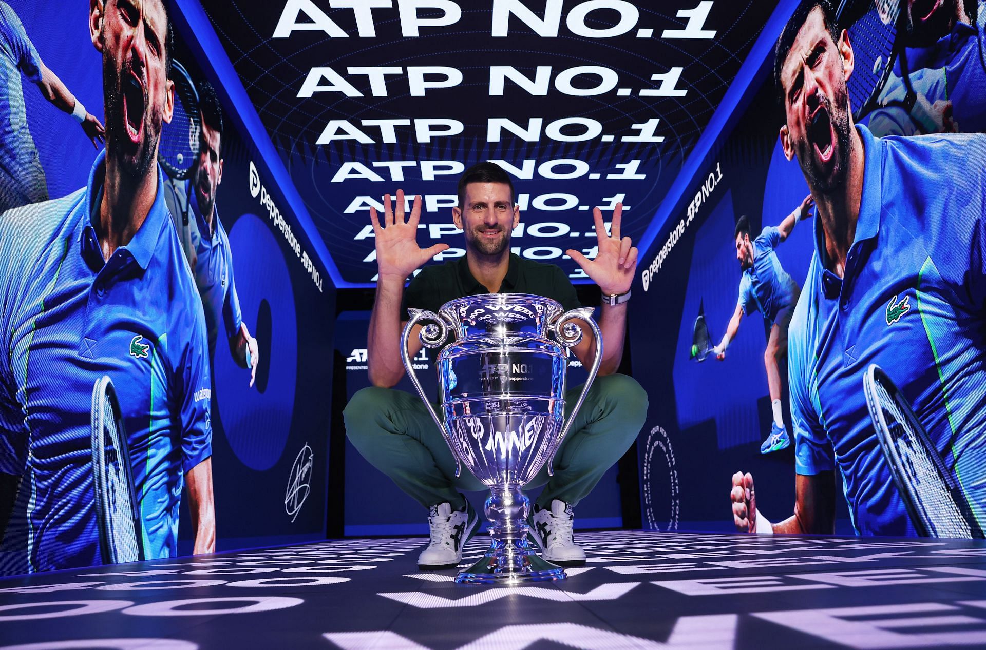 Novak Djokovic of Serbia with the ATP Year End World Number One Trophy at the 2023 Nitto ATP Finals - Getty Images