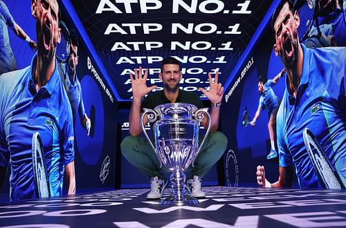 Novak Djokovic of Serbia with the ATP Year End World Number One Trophy at the 2023 Nitto ATP Finals - Getty Images