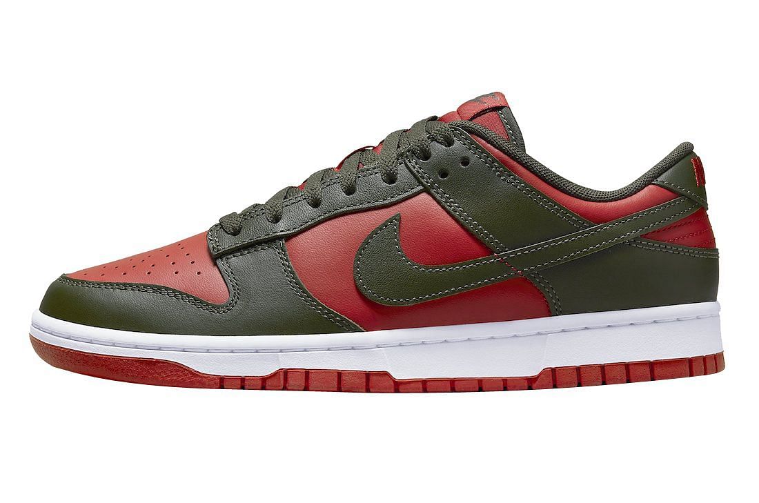 The new Nike Dunk Low Cargo Khaki Mystic Red colorway.