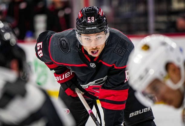 Michael Bunting of the Carolina Hurricanes looks on during the second period against the Vegas Golden Knights at PNC Arena on December 19, 2023 in...