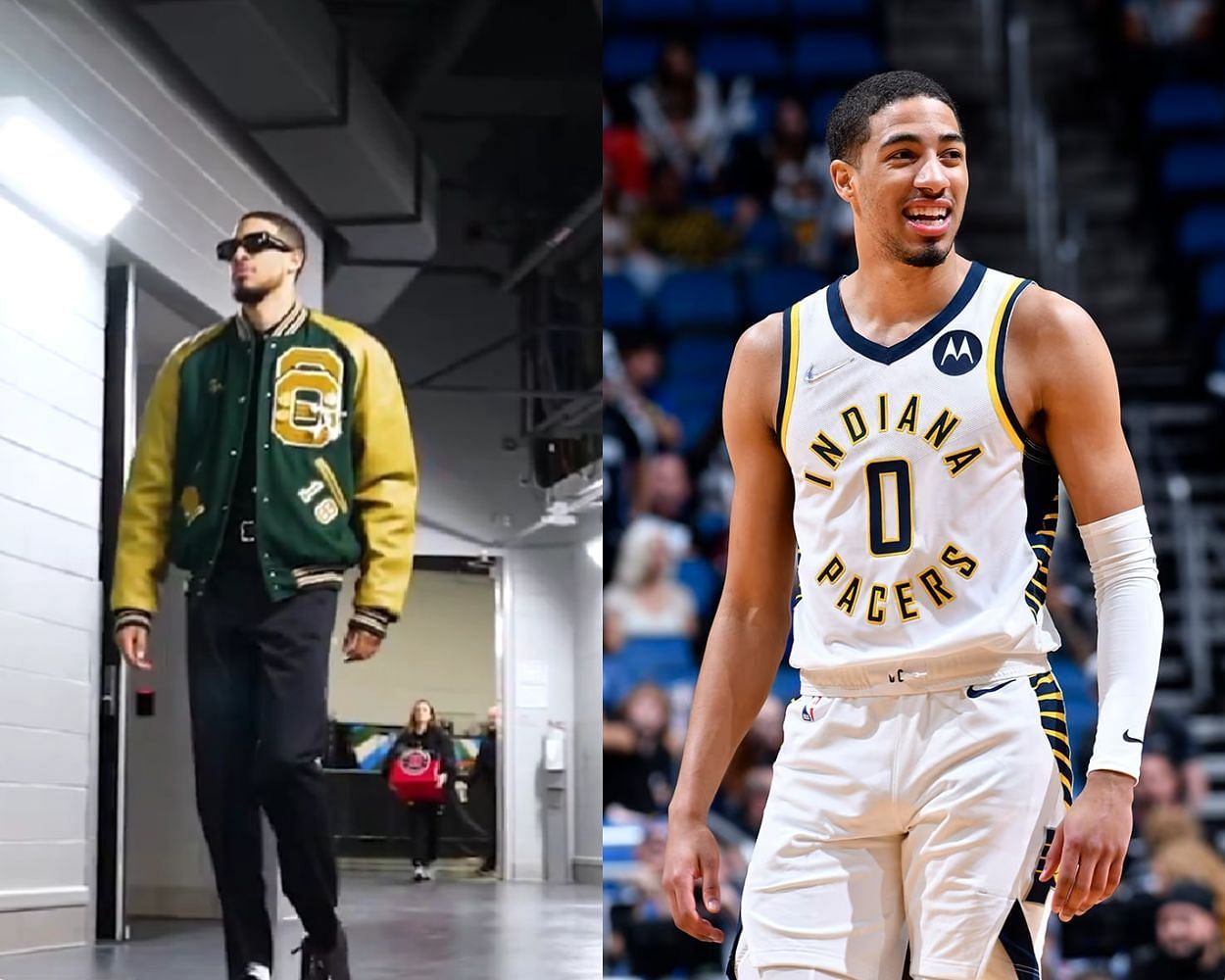 Before the Pacers vs Bucks game, Tyrese Haliburton proudly shows off his high school letterman jacket.