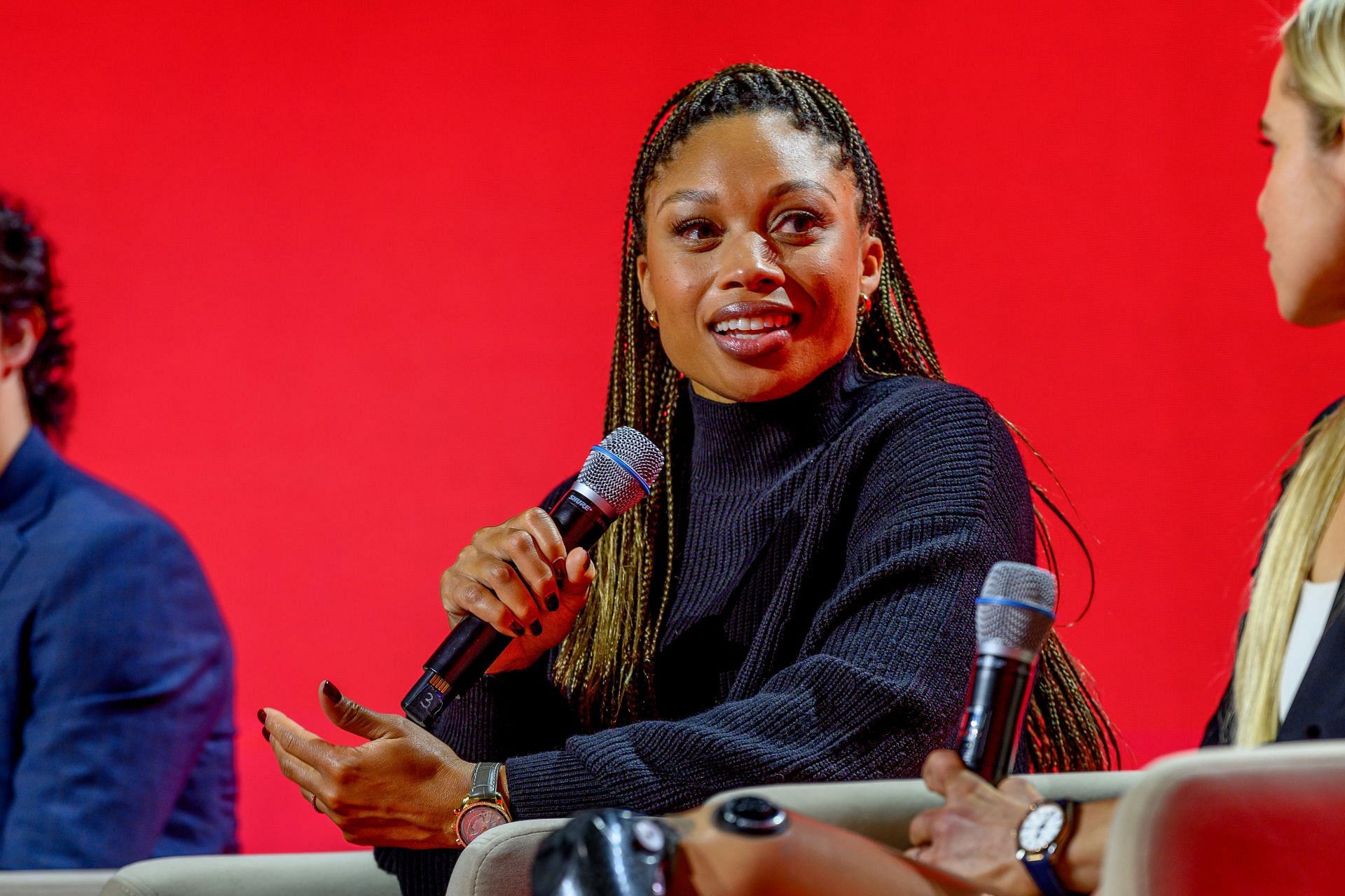 Allyson Felix on stage during the OMEGA panel discussion with Olympic ambassadors at The Planet OMEGA exhibition launch