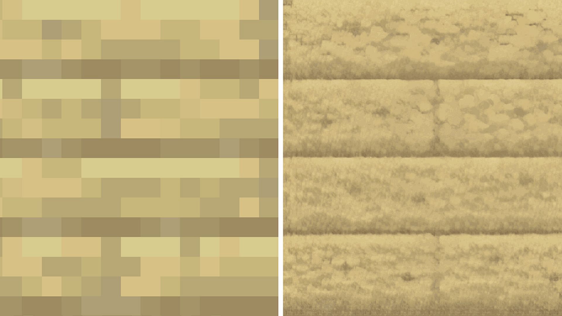 Birch planks in vanilla Minecraft compared to the Faithful HD texture pack. (Image via Isaiah/CurseForge)