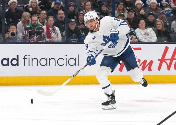 William Nylander of the Toronto Maple Leafs shoots the puck during the third period against the Columbus Blue Jackets at Nationwide Arena on December...