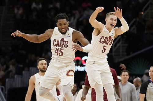 Donovan Mitchell celebrating with the Cleveland Cavaliers.