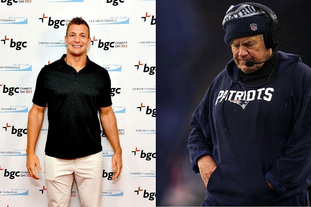 Rob Gronkowski, left, Bill Belichick, right