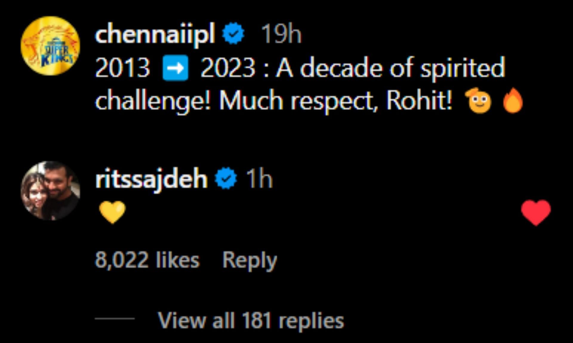 Ritika Sajdeh's comment on CSK's Instagram post.