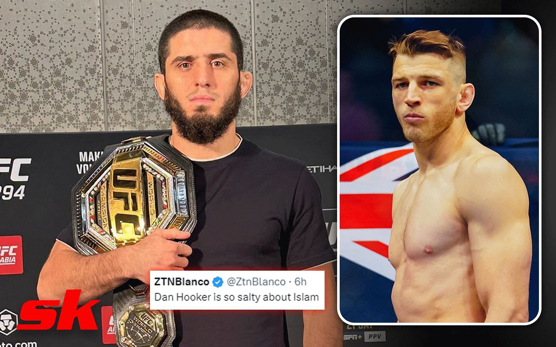 Islam Makhachev (left) [image courtesy of @islam_makhachev/Instagram]; Dan Hooker (right) [image courtesy of Getty Images]