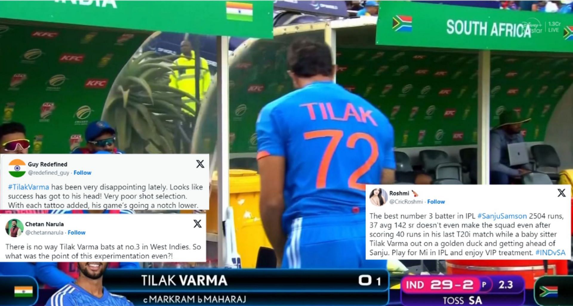 Tilak Varma was dismissed for his second T20I golden duck