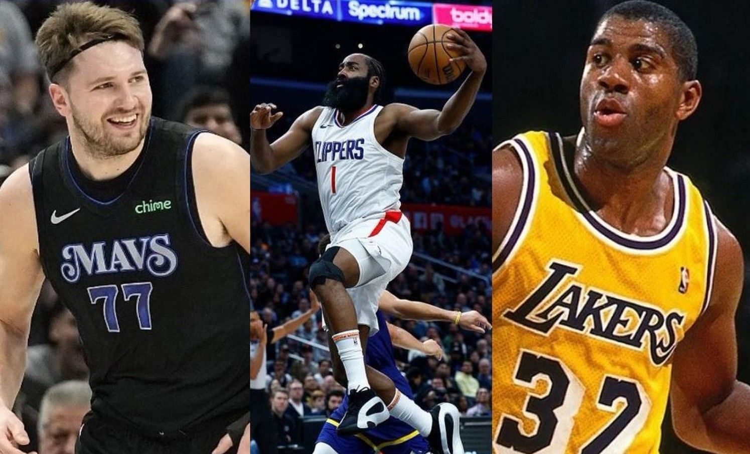 (From left) Luka Doncic, James Harden and Magic Johnson are among the NBA players in the top 5 for career games with at least 25 points, 15 assists and five rebounds.