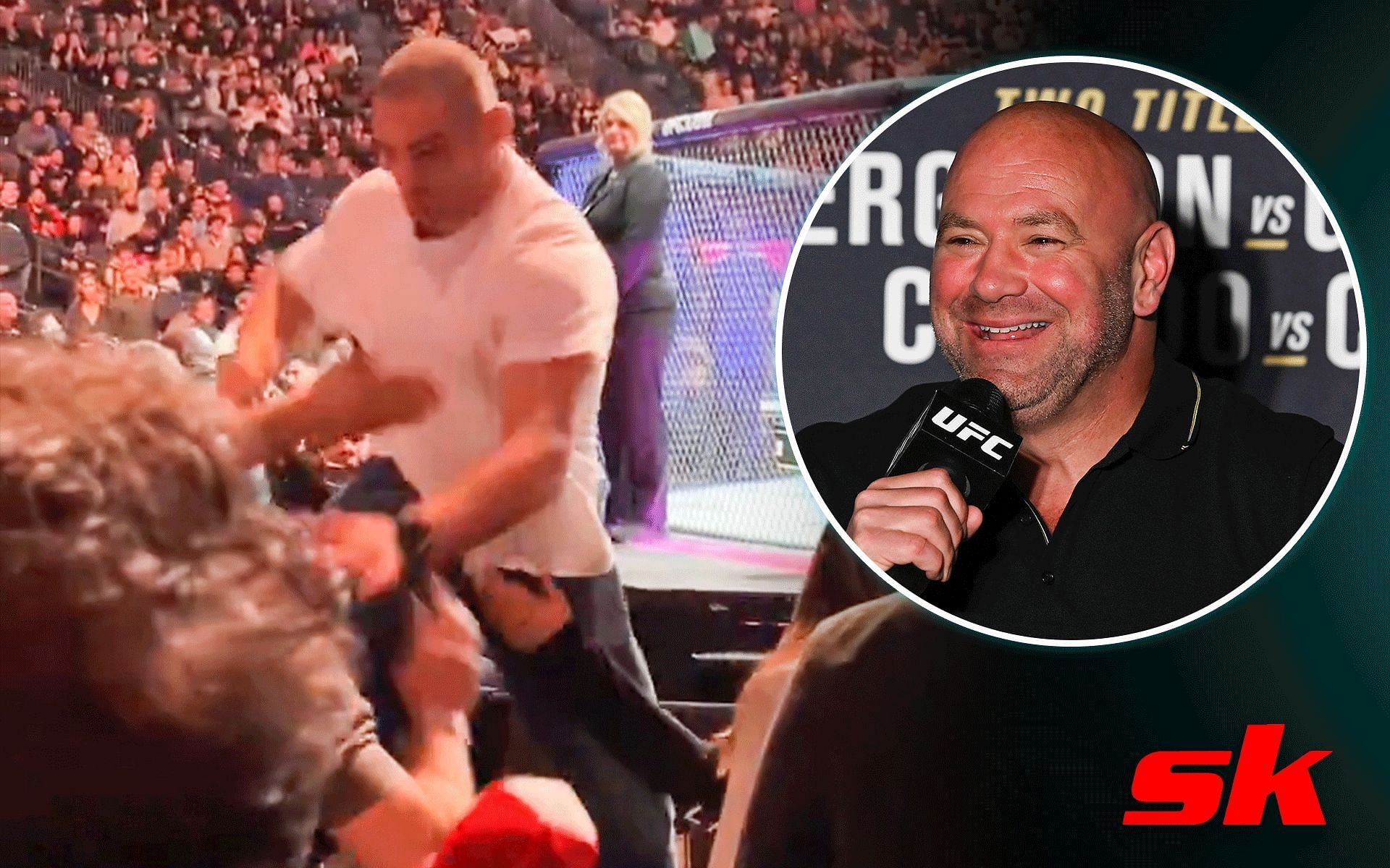 Dana White (right) reveals the name of the person responsible for Sean Strickland- Dricus Du Plessis brawl (left) (Images Courtesy: @TruthfulUfcFan and Getty Images)