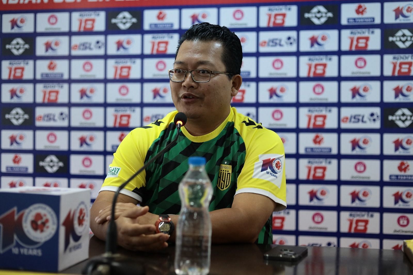 Hyderabad FC head coach Thangboi Singto addressing the media on Wednesday.