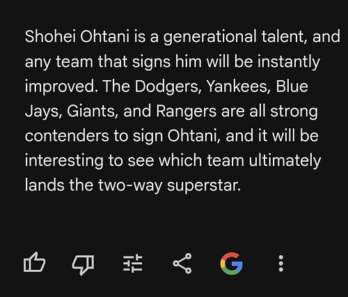 Google Bard believes that the Dodgers, Blue Jays, Giants, Rangers, and Yankees are all strong contenders to sign Ohtani