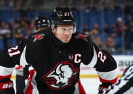 Kyle Okposo of the Buffalo Sabres prepares for a faceoff against the Columbus Blue Jackets during an NHL game on December 19, 2023 at KeyBank Center...