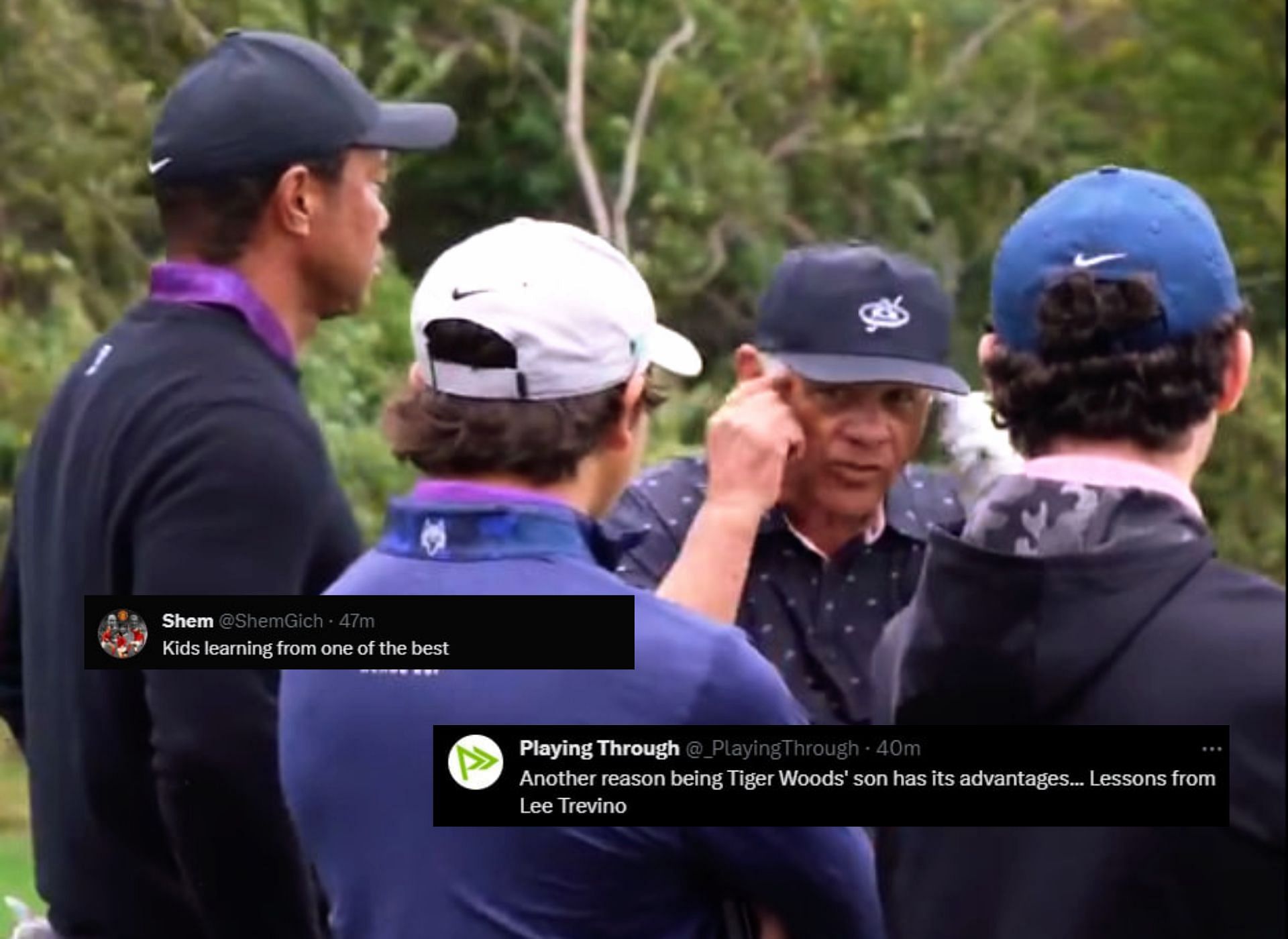 Tiger Woods and son Charlie, listening to Lee Trevino (Image via X@ChampionsTour).