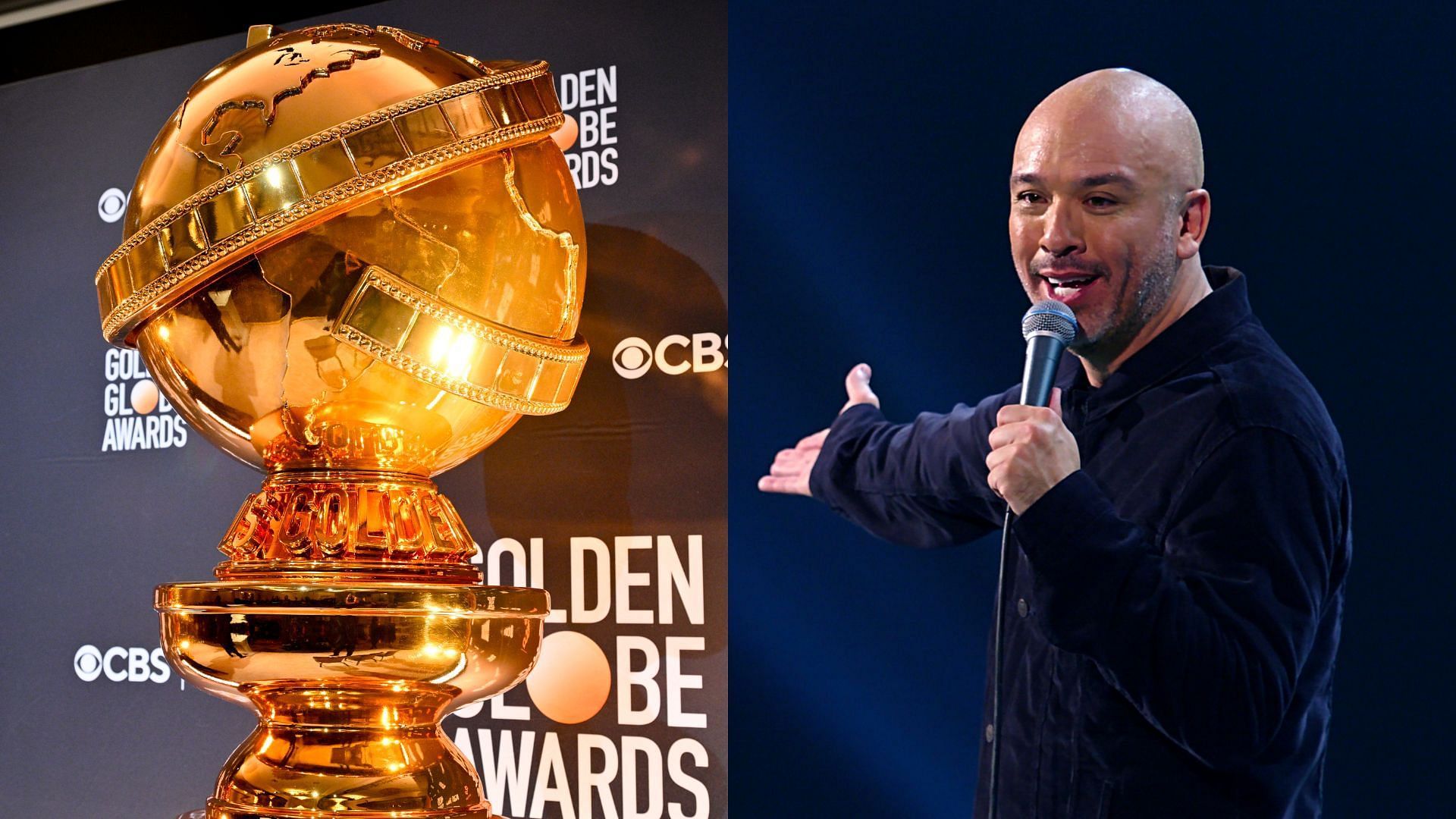 The (L) Golden Globe Awards 2024 will be hosted by (R) comedian Jo Koy (Images via Golden Globes and IMDb)