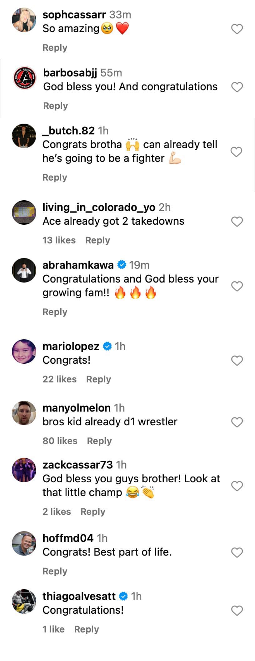 Fan reactions to the birth of Bo Nickal&#039;s son [via @nobickal on Instagram].