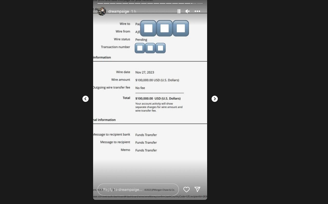 Alleged wire transfer screenshot with details