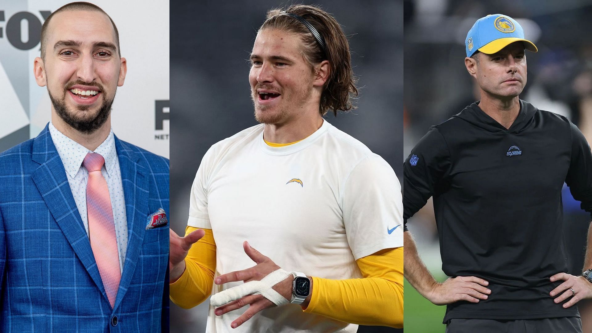 Fox Sports analyst Nick Wright, Los Angeles Chargers quarterback Justin Herbert, and former Chargers head coach Brandon Staley