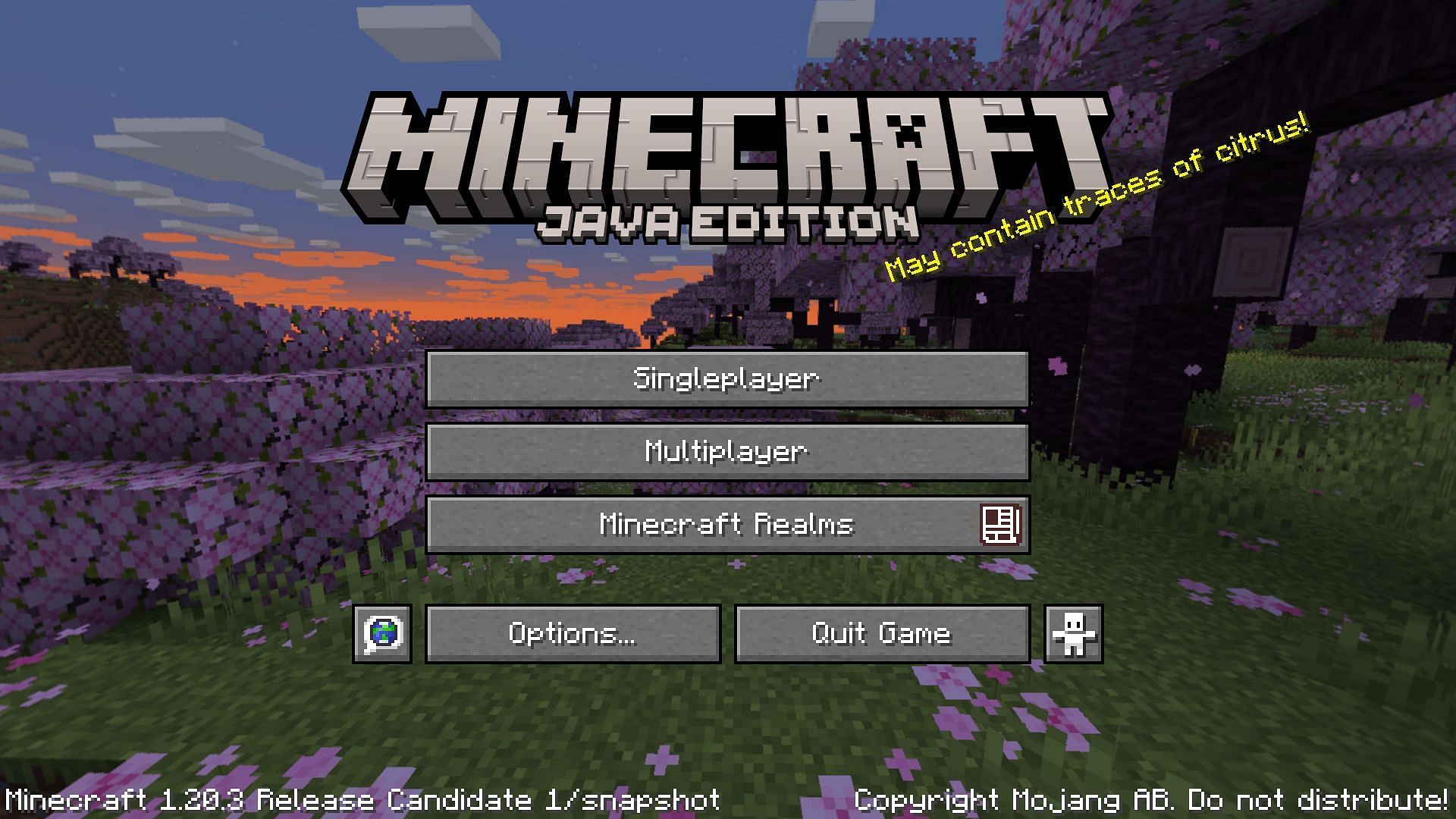 The main menu for Minecraft 1.20.3 Release Candidate 1 (Image via Mojang)