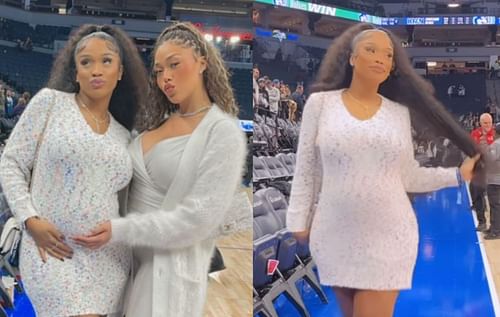 Jordyn Woods holds Jeanine Robel's baby bump before the Pacers-Timberwolves game