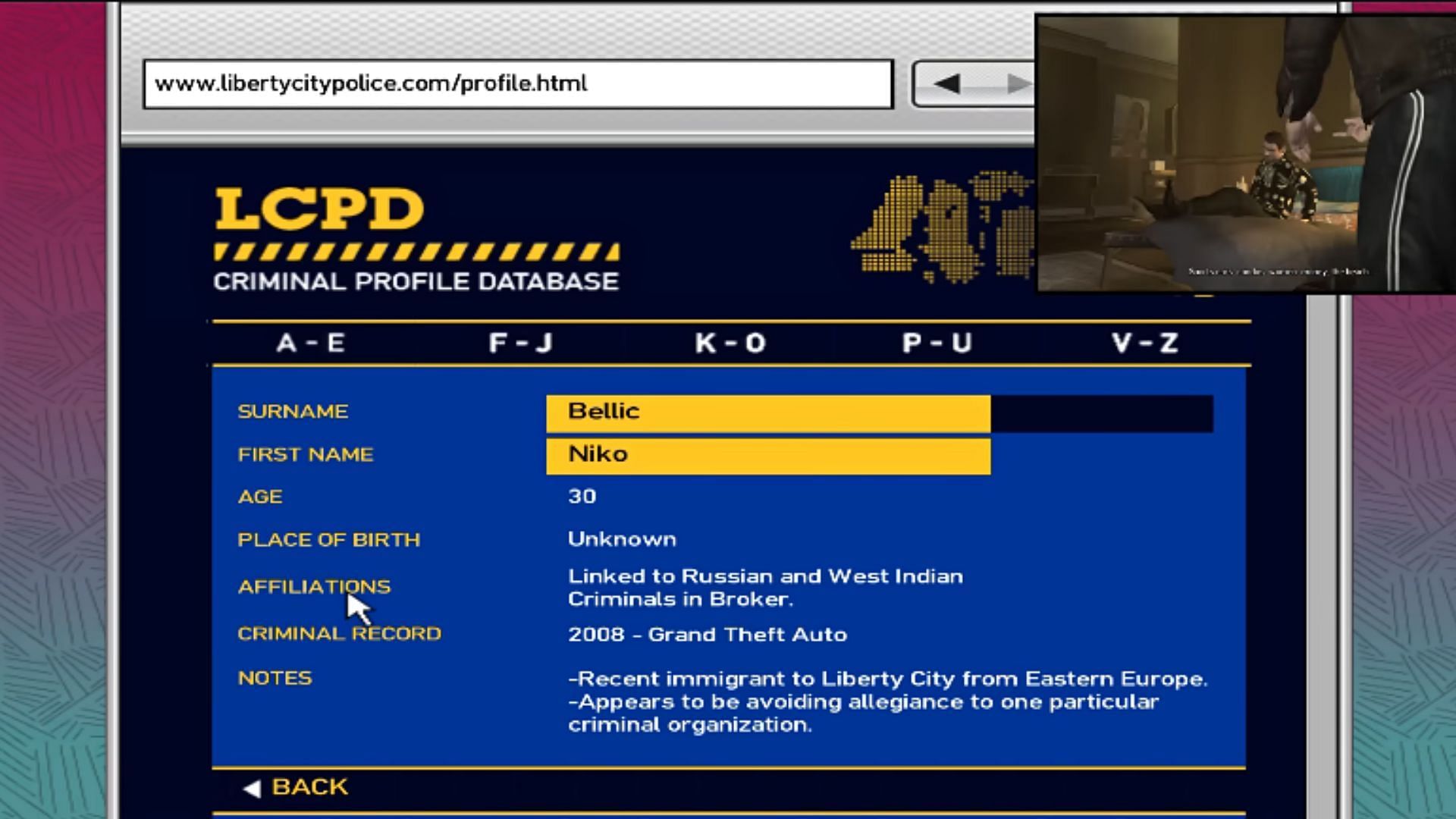 Niko Bellic&#039;s LCPD criminal database (Image via YouTube/ whatever57010)
